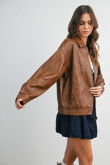 Collared Zip-Front Leather Jacket