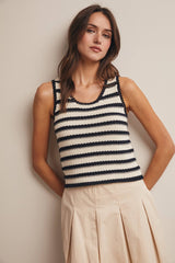 Navy Striped Crochet Knit Tank