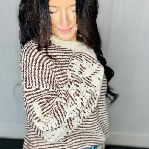 Brown Floral Embroidered Stripe Knit Sweater