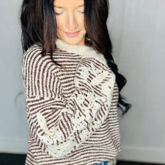 Brown Floral Embroidered Stripe Knit Sweater