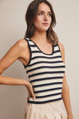 Navy Striped Crochet Knit Tank
