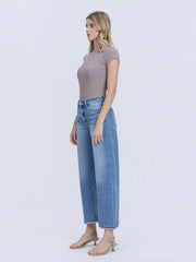HIGH RISE MEDIUM WASH CUFFED BARREL JEANS