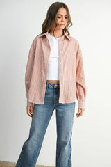 Cropped Striped Button-Up Collared Long Sleeve Top