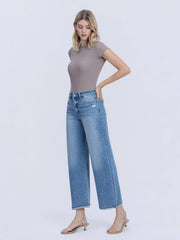 HIGH RISE MEDIUM WASH CUFFED BARREL JEANS