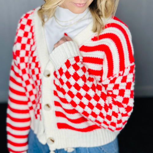 Ivory/Red Oversized Button Down Checkered Stripe Cardigan