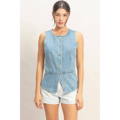 Button-Front Sleeveless Denim Vest