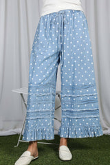Polka Dot Flared Ruffle 100%Cotton Crop Denim Pants