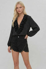 HEAVY WEIGHT STUDDED FAUX SUEDE SHORTS W2423PIA BLACK