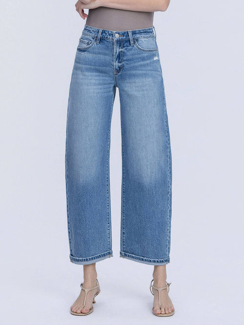 HIGH RISE MEDIUM WASH CUFFED BARREL JEANS