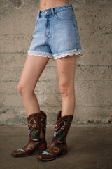 Lace Hem Denim Shorts