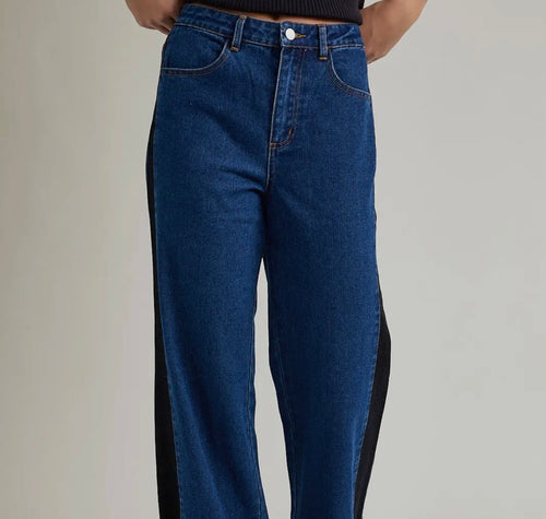 Denim Side Contrast & Bow Wide Leg Pants