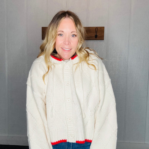 Cream/Red Color Contrasted Button Front Sweater Jacket with Hood