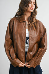 Collared Zip-Front Leather Jacket