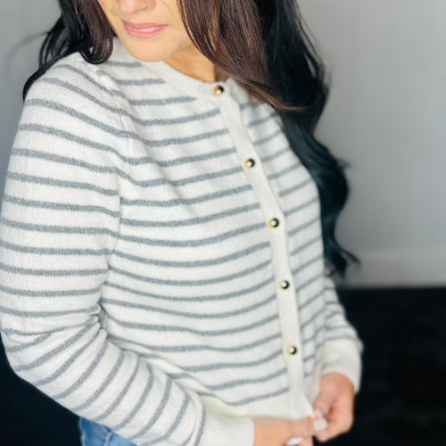 Ivory Parisian Striped Gold Button Cardigan