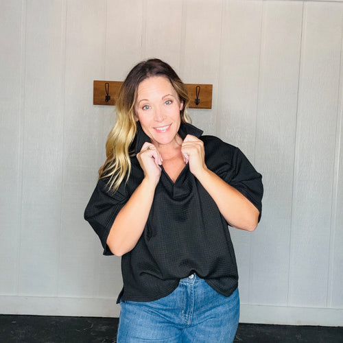 Black Collared Waffle Knit Top