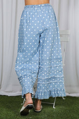 Polka Dot Flared Ruffle 100%Cotton Crop Denim Pants