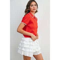 Scalloped Trim Knit Polo Top