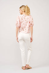 Metallic Embroidered Tie Front Scallop Hem Top