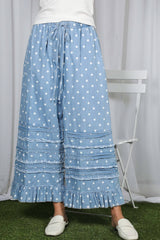 Polka Dot Flared Ruffle 100%Cotton Crop Denim Pants