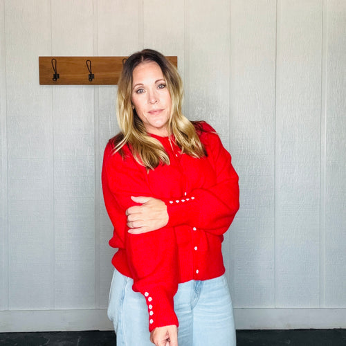 Crimson Fuzzy Ribbed Knitted Cardigan