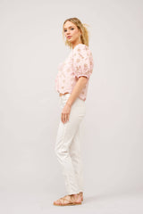 Metallic Embroidered Tie Front Scallop Hem Top
