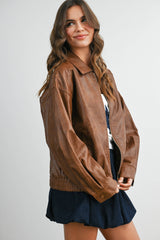 Collared Zip-Front Leather Jacket