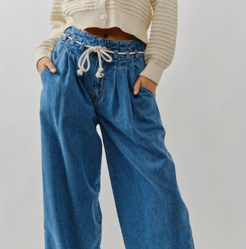 Denim Wide Leg Pants with Rope Belt