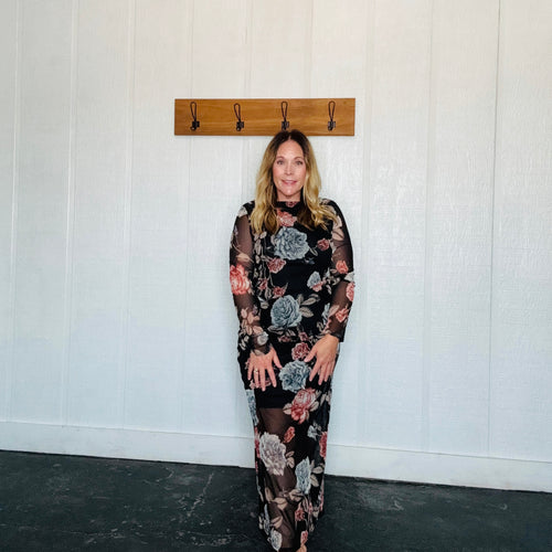 Black Multi Floral Boat Neck Lone Sleeve Shirring Maxi Dress