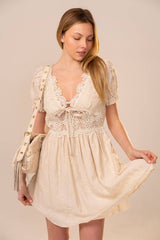 Puff Short Sleeve Lace Front Mini Dress