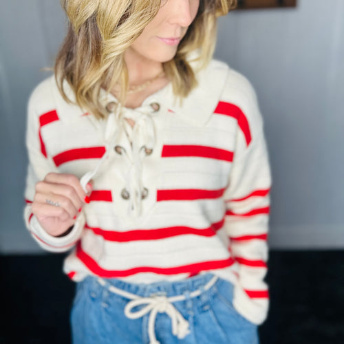 Ivory/Red Lace up Relaxed Fit Stripe Sweater