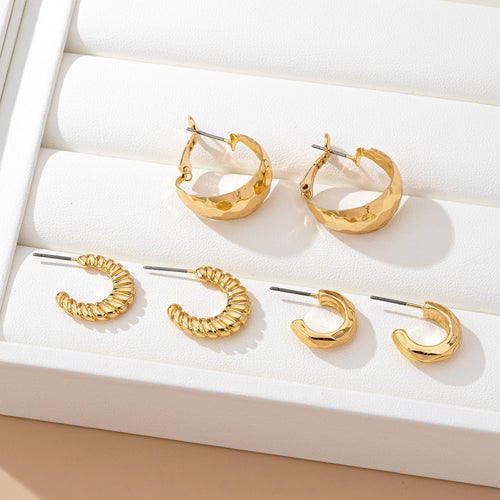 Mixed Texture Gold Crescent Hoop Trio Earring Set | 80E61795