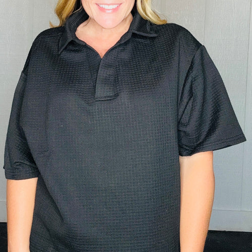 Black Collared Waffle Knit Top