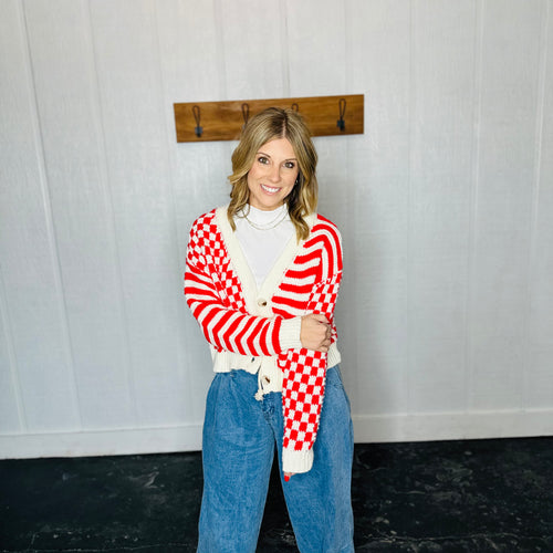 Ivory/Red Oversized Button Down Checkered Stripe Cardigan