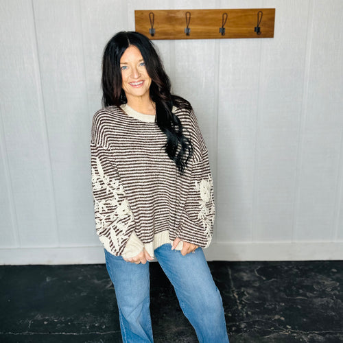 Brown Floral Embroidered Stripe Knit Sweater