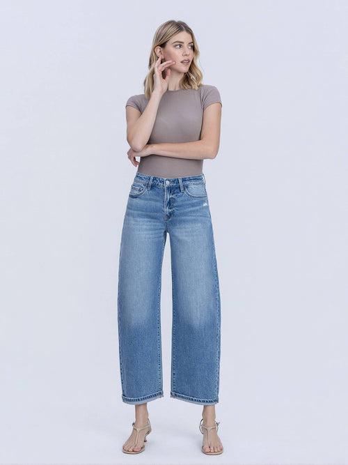 HIGH RISE MEDIUM WASH CUFFED BARREL JEANS