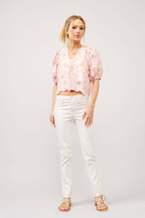 Metallic Embroidered Tie Front Scallop Hem Top