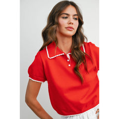 Scalloped Trim Knit Polo Top