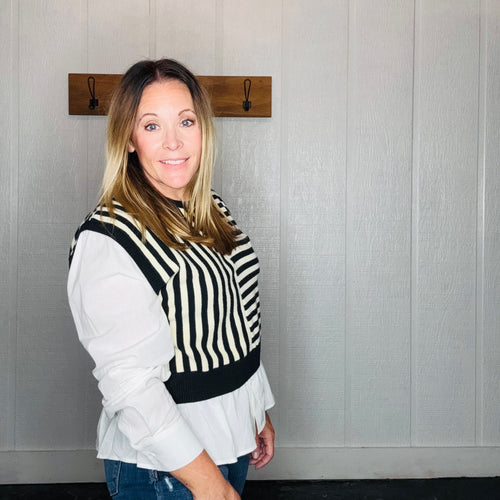Black/White Stripe Pattern Sweater Combo Blouse