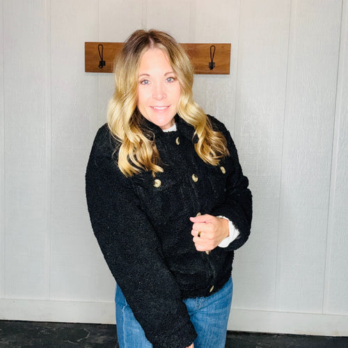 Black Sherpa Button-Front Jacket