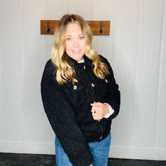Black Sherpa Button-Front Jacket