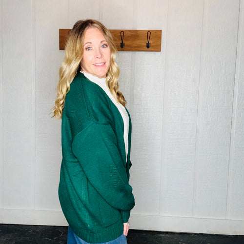 Dark Green Oversized Open Front Carigan Sweater with Pockets
