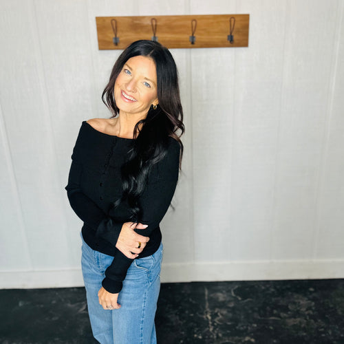 Black Off-Shoulder Button Front Ribbed Top