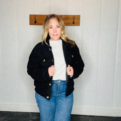 Black Sherpa Button-Front Jacket