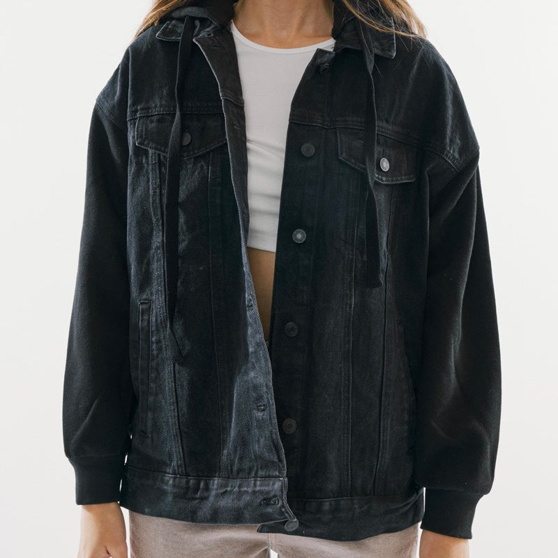 Almost Famous Black Denim/Sweatshirt Jacket with Embroidered Logo