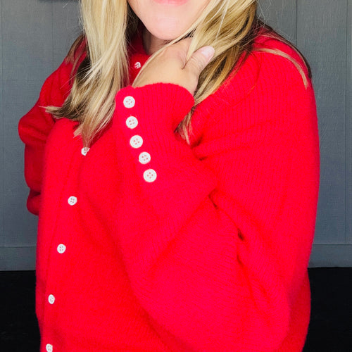 Crimson Fuzzy Ribbed Knitted Cardigan