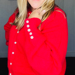 Crimson Fuzzy Ribbed Knitted Cardigan