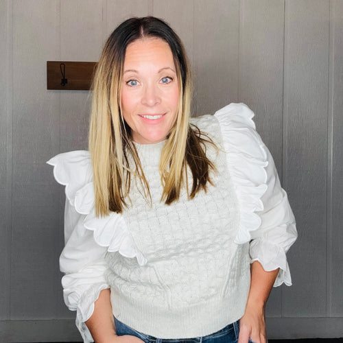 Heather Grey Ruffle Trimmed Long Sleeve Sweater Combo Blouse