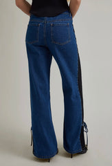 Denim Side Contrast & Bow Wide Leg Pants