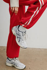 Red Striped Drawstring Wide Leg Cuffed Pants
