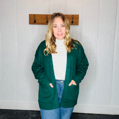 Dark Green Oversized Open Front Carigan Sweater with Pockets